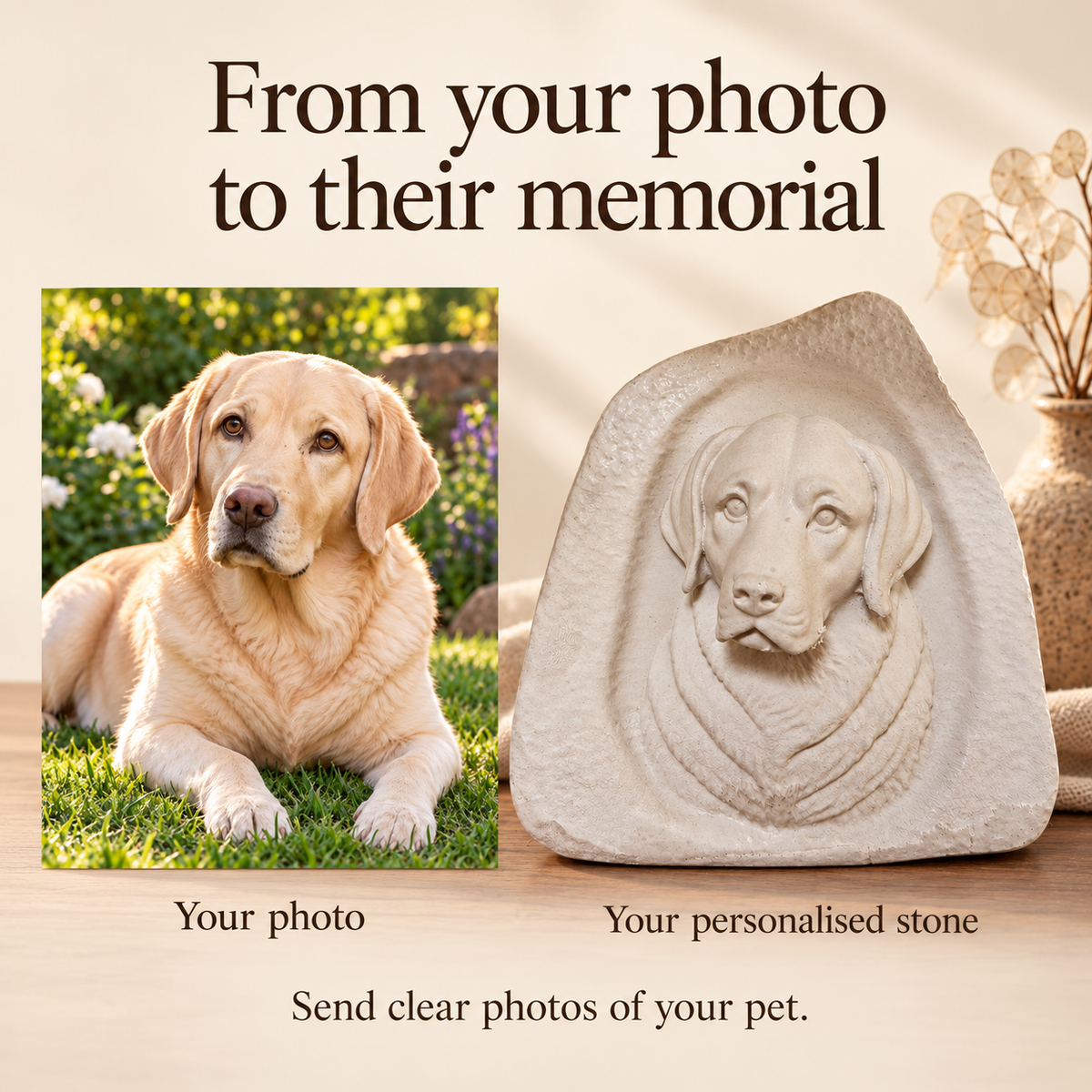 Photo to personalised dog memorial stone