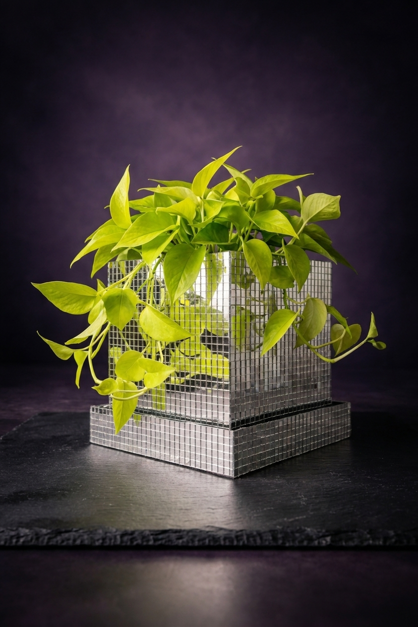 Mirror tile disco cube planter with neon pothos trailing over edges