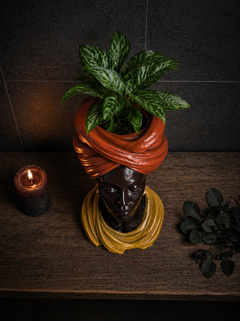 Golden Hour planter top view with plant and candle