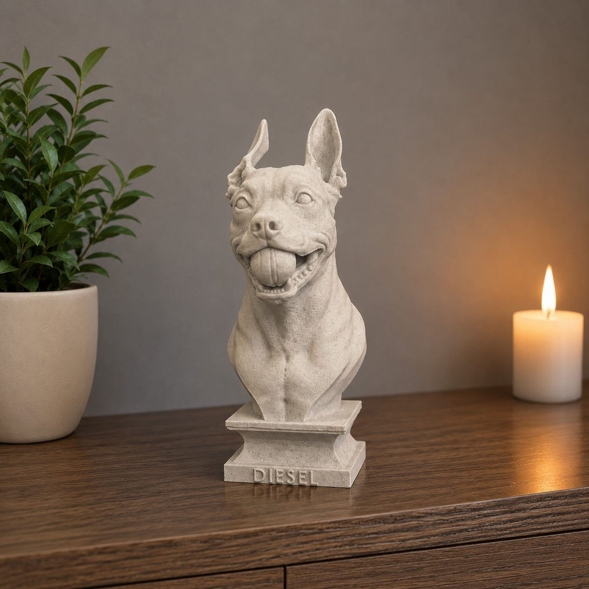 Warm Marble Grey custom dog bust on shelf with candle
