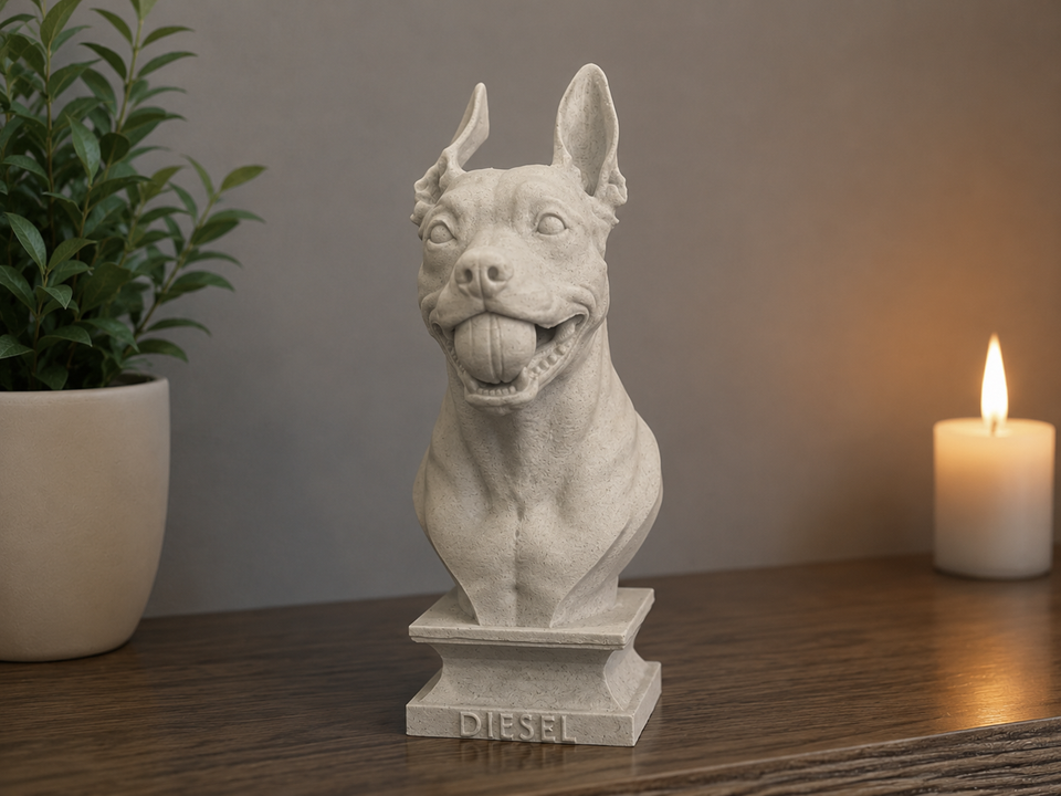 Warm Marble Grey custom dog bust on shelf with candle
