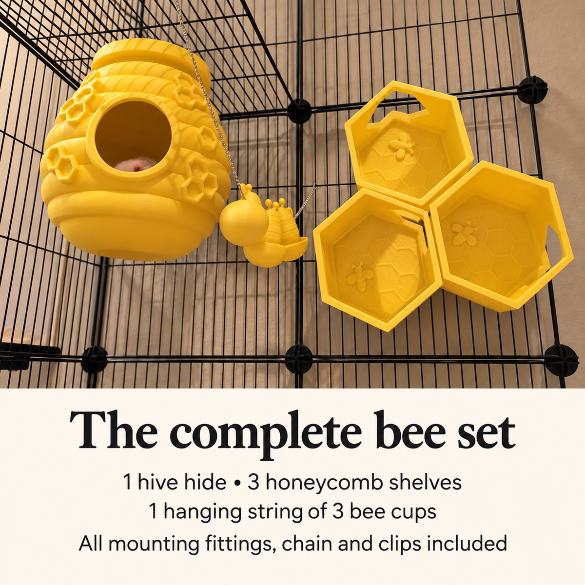 Contents card showing one hive hide, three honeycomb shelves and one string of three bee cups, with fittings included.