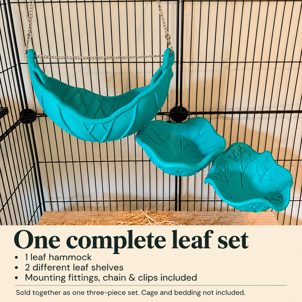 One leaf hammock and two different leaf shelves, with mounting fittings, chain and clips included; sold as one three-piece set.