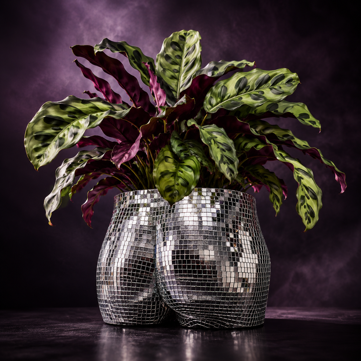 Female silver disco body planter with leafy houseplant front view