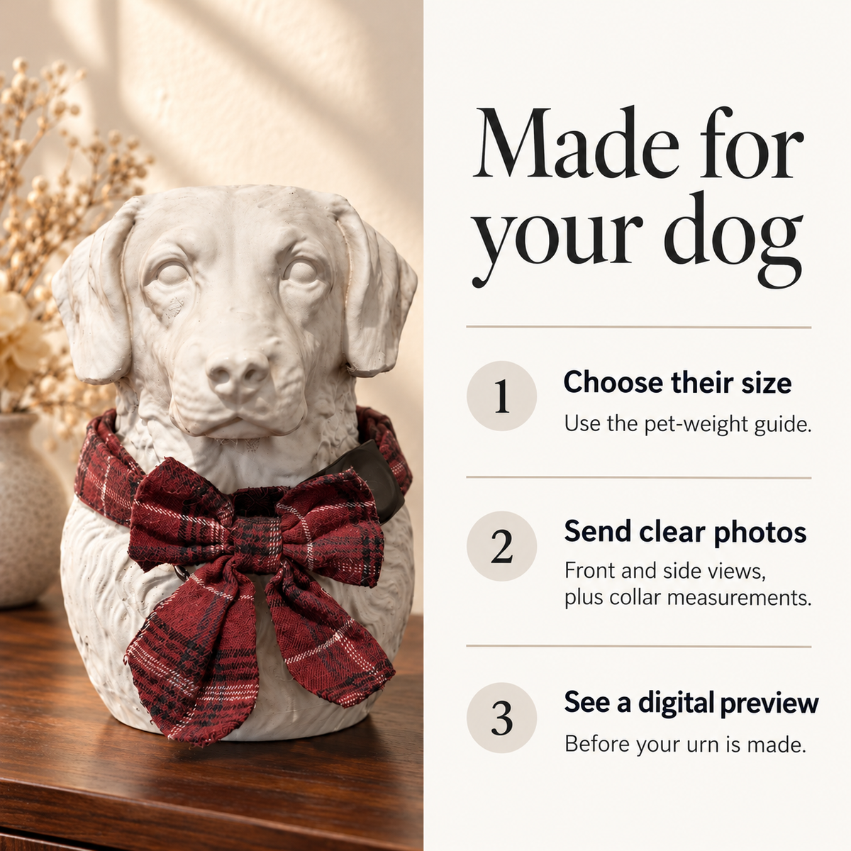 Ordering guide showing size choice, photos and collar measurements, and a digital preview.
