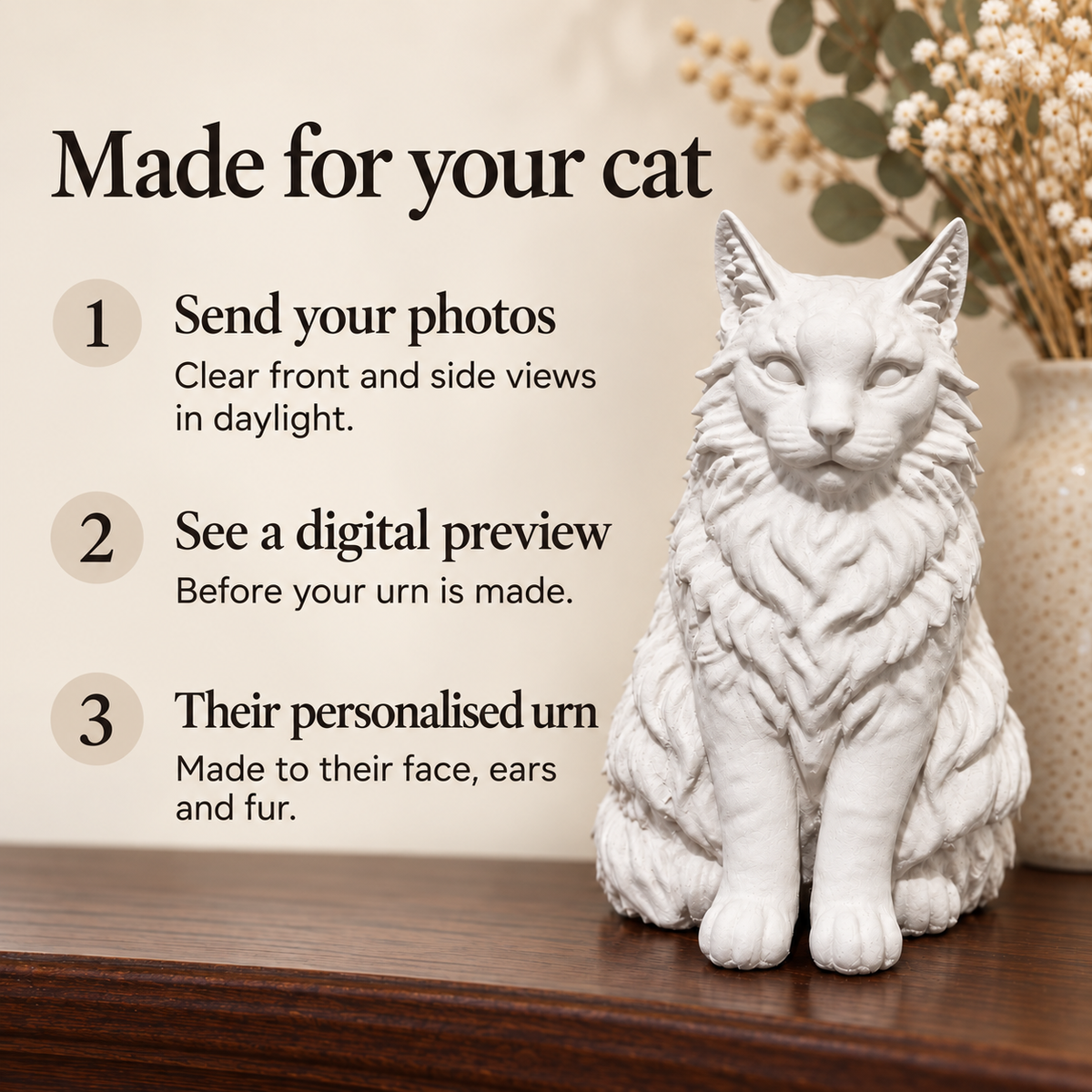 Chalk off-white personalised cat urn: how to order