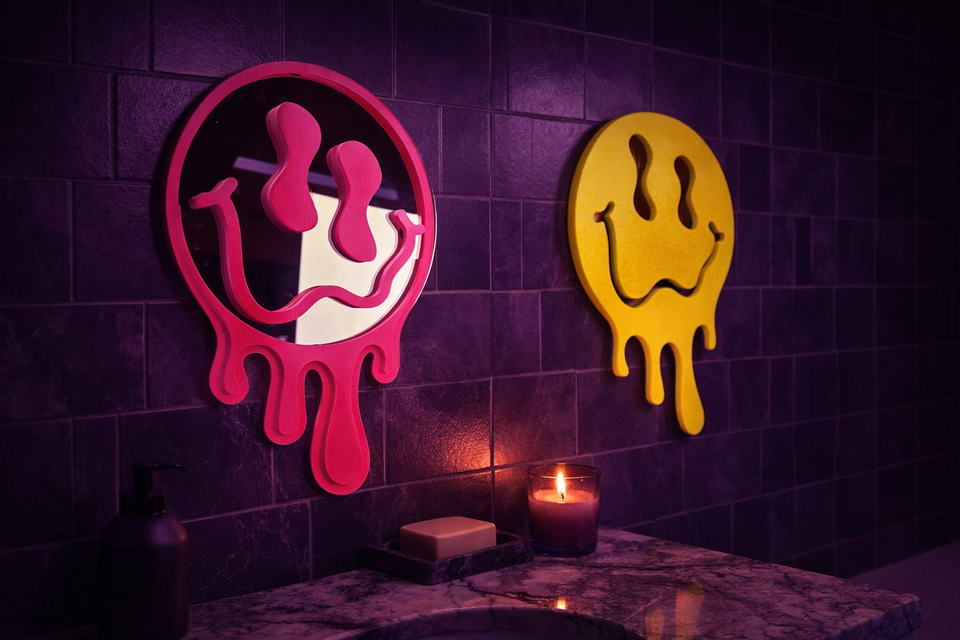 Pink and yellow drip mirrors on dark tiled bathroom wall