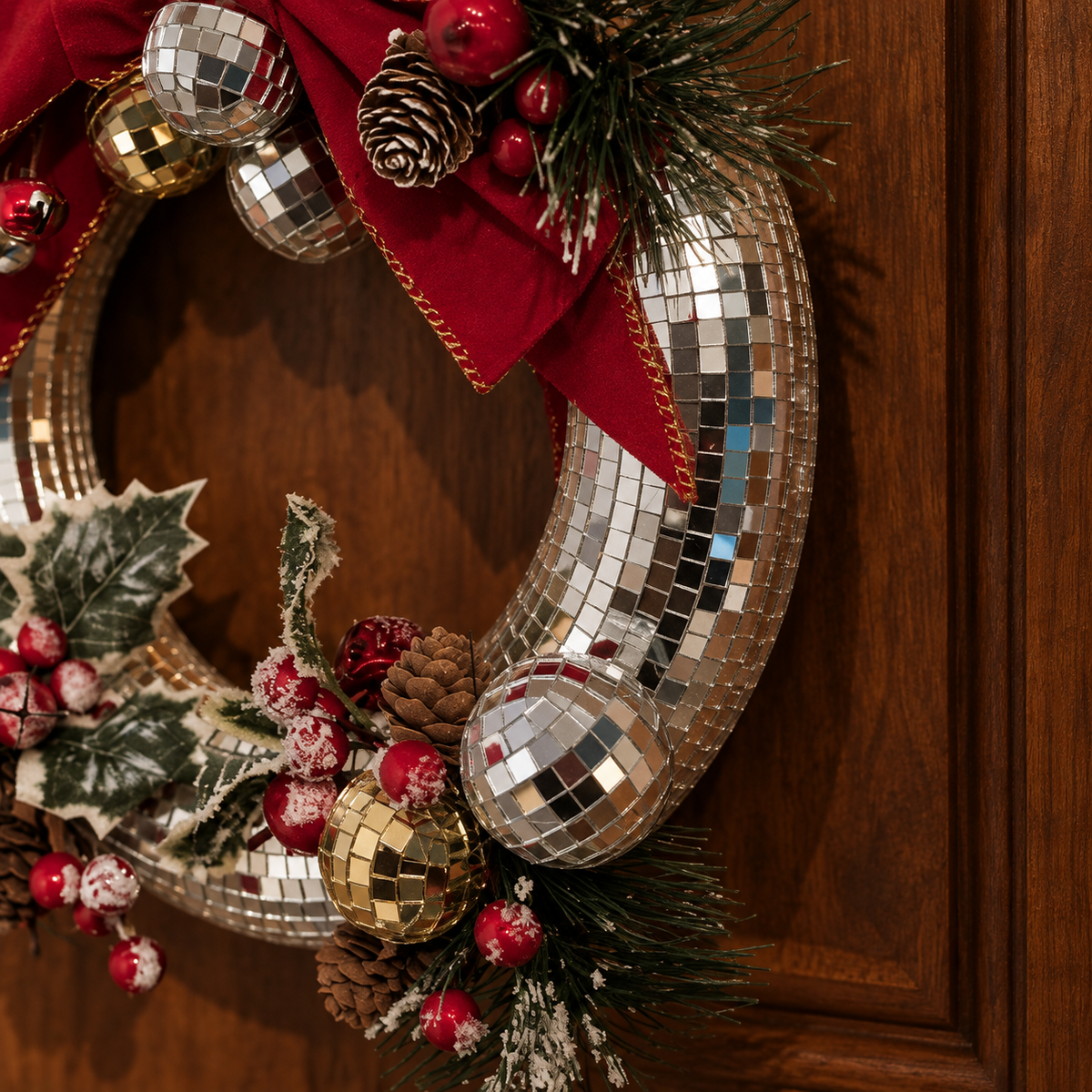 Mirror ball Christmas wreath: mirror tile close-up