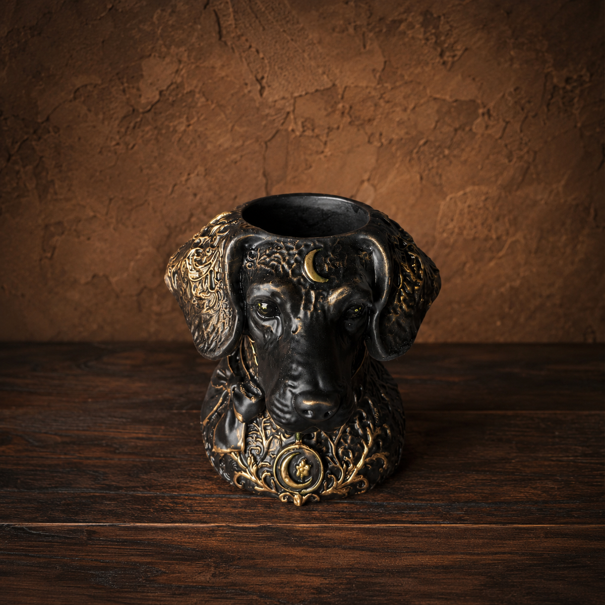 Top opening of custom dog planter showing plant pot cavity