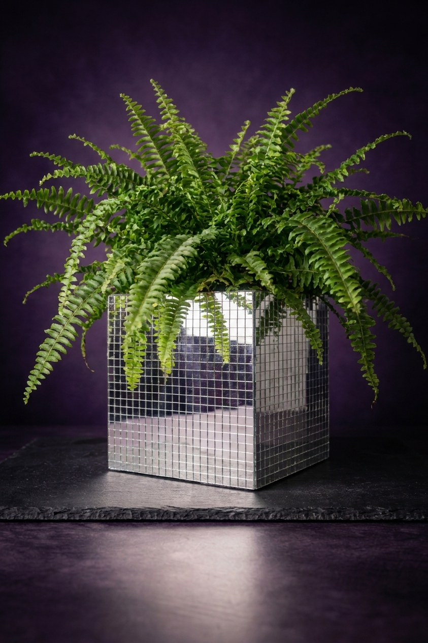 Mirror tile disco cube planter with lush Boston fern on slate
