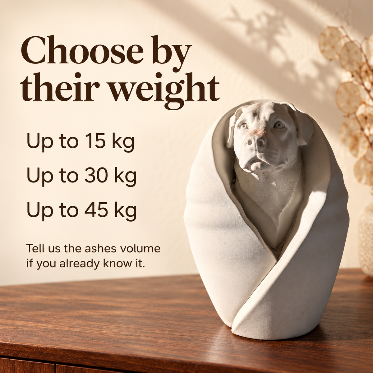 Pet-weight size guide beside wrapped urn