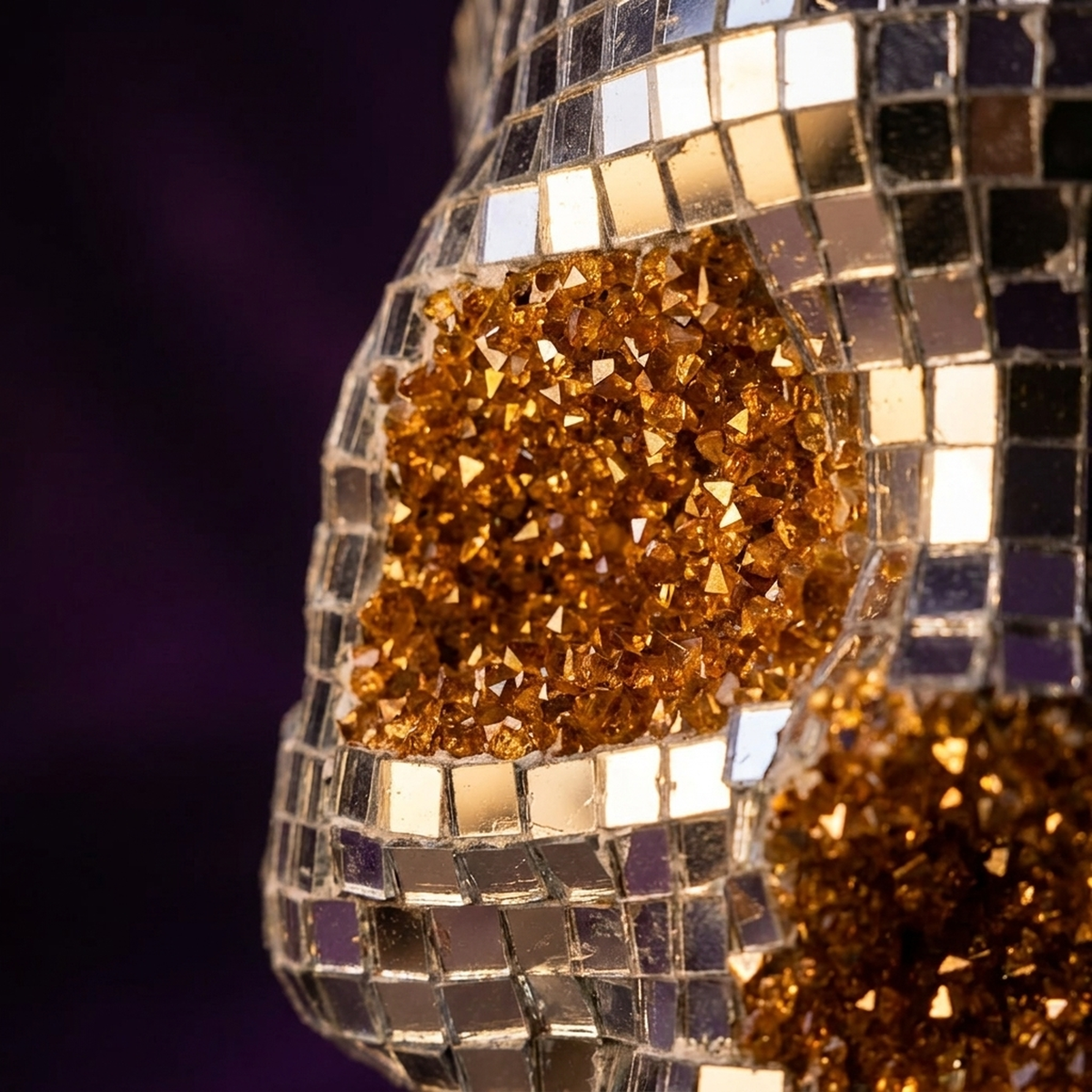 Close-up of gold crushed-glass eye sockets and silver mirror tiles on the skull planter