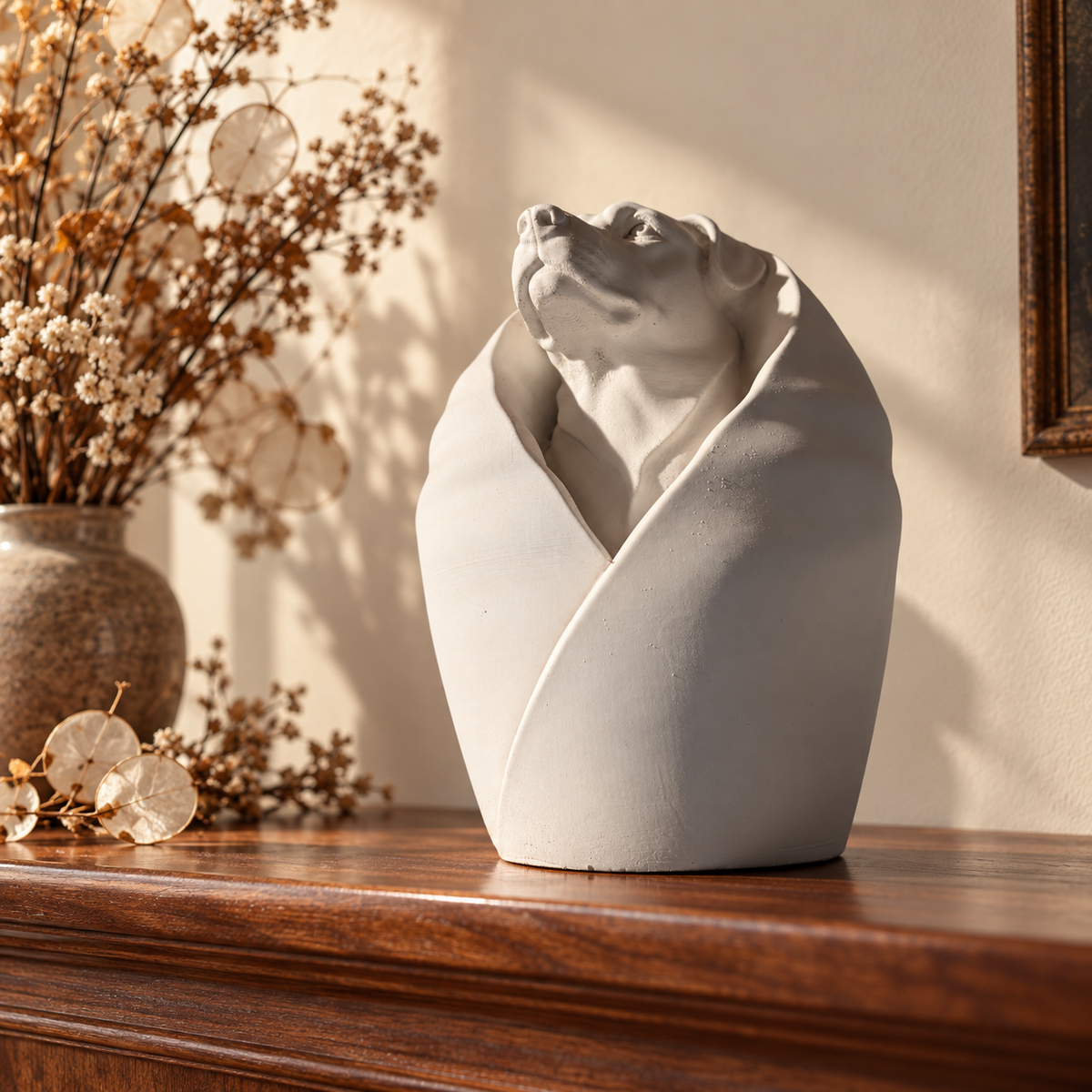 Wrapped dog urn on a dark wooden mantel with dried flowers