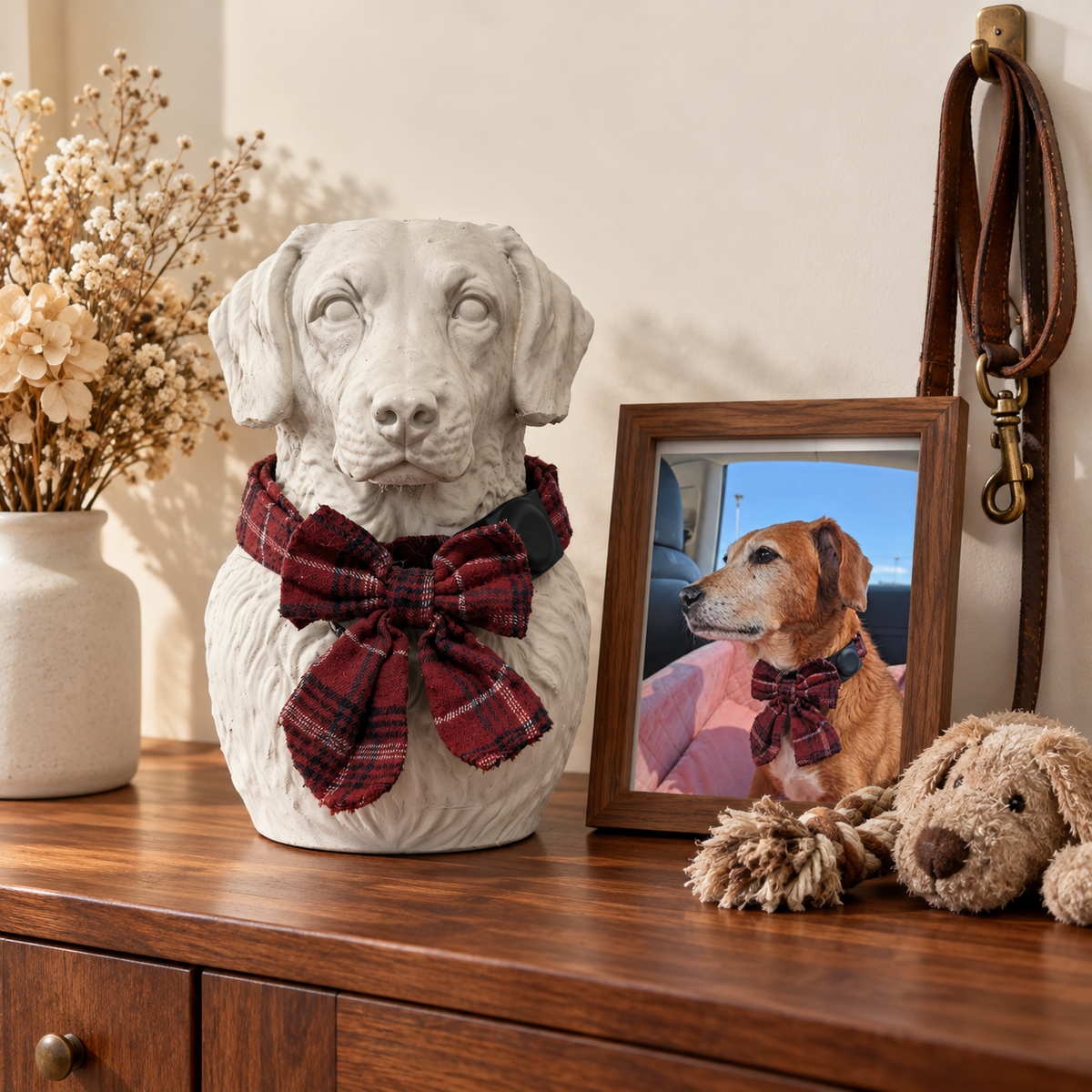 Chalk white dog urn wearing its tartan collar beside a framed photo, hanging lead and toys.