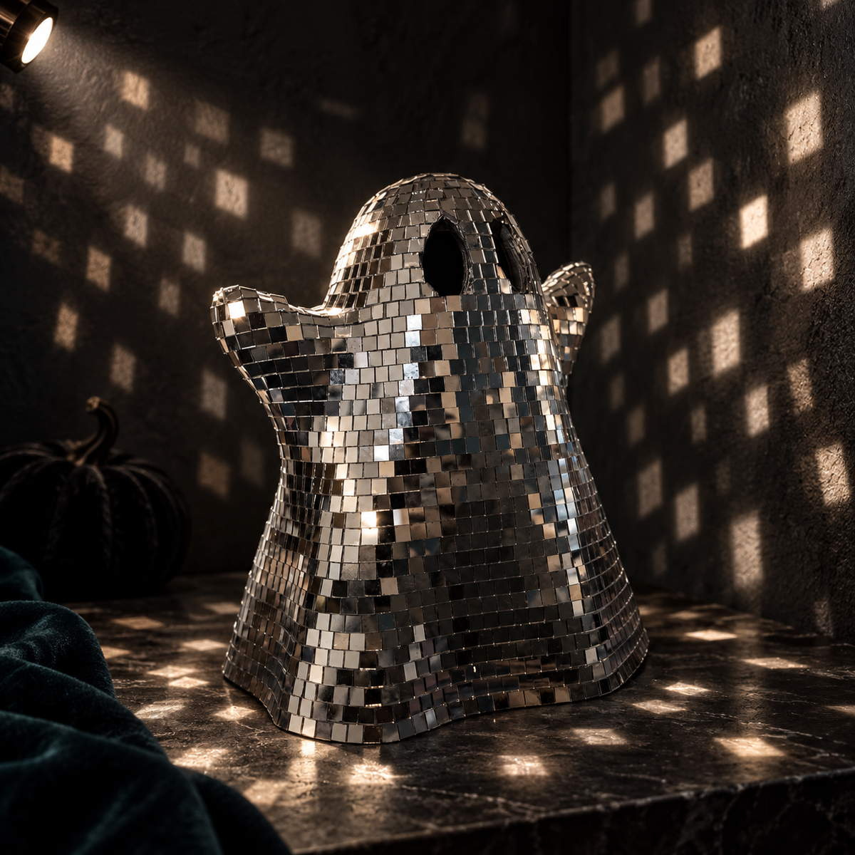 Oblique No Bow ghost in a dark room with dramatic external spotlight reflections scattered across the walls and stone surface.