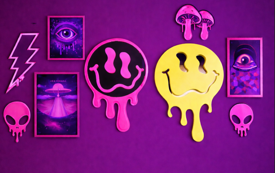 Both neon mirrors as part of a psychedelic gallery wall arrangement