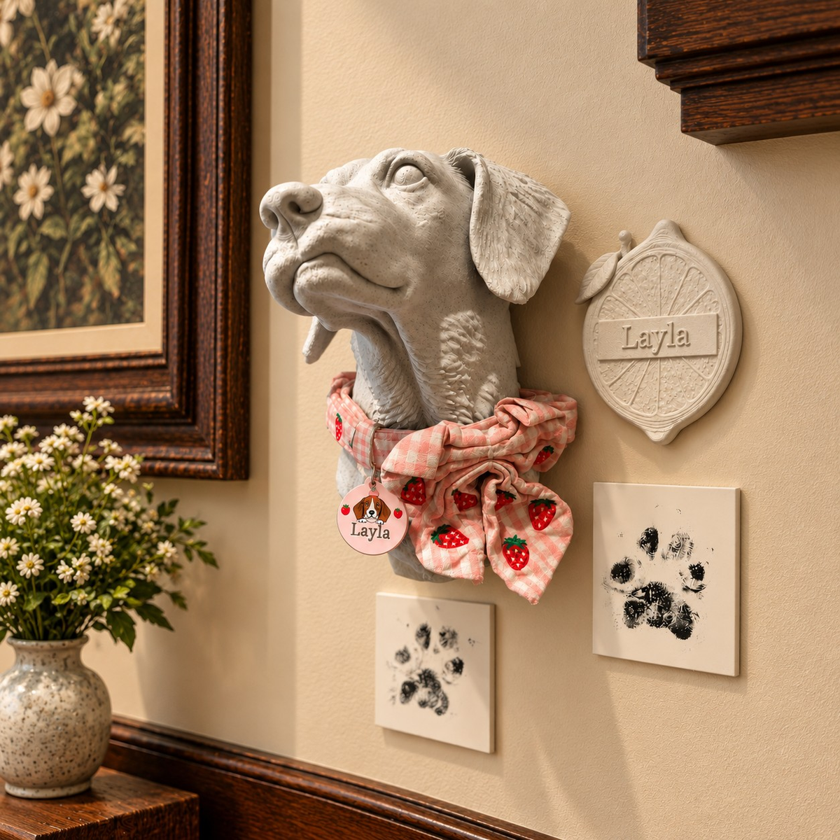 Side angle of the pet portrait styled with a bow collar. One custom bust only; collar, tag, plaque, paw pieces, frames and other display props are not included.