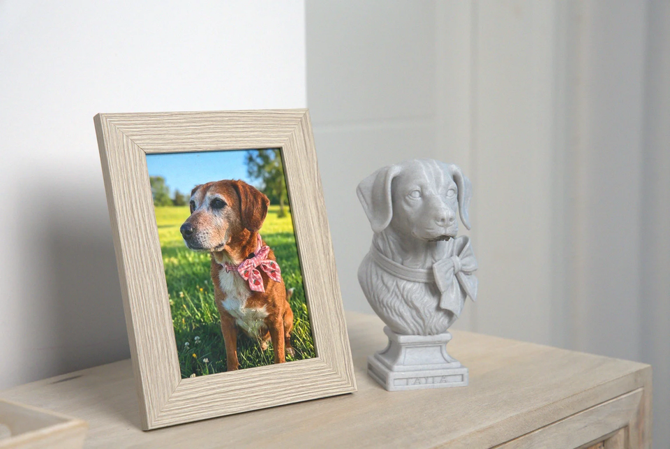 Finished custom dog bust displayed beside pet photo