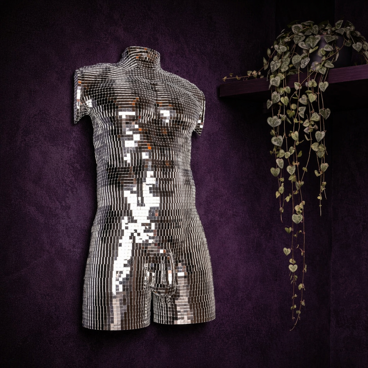 After Hours mirror ball male wall art with trailing plant shelf