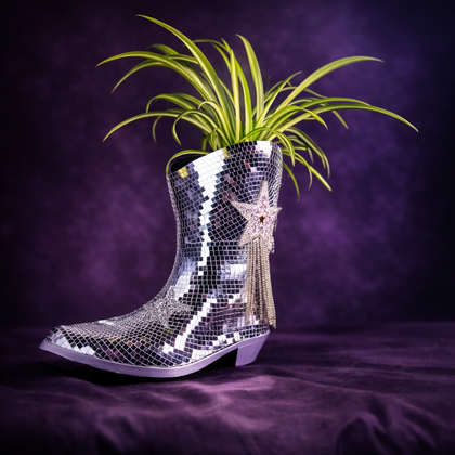 Silver mirror mosaic cowboy boot planter with spider plant and rhinestone star fringe