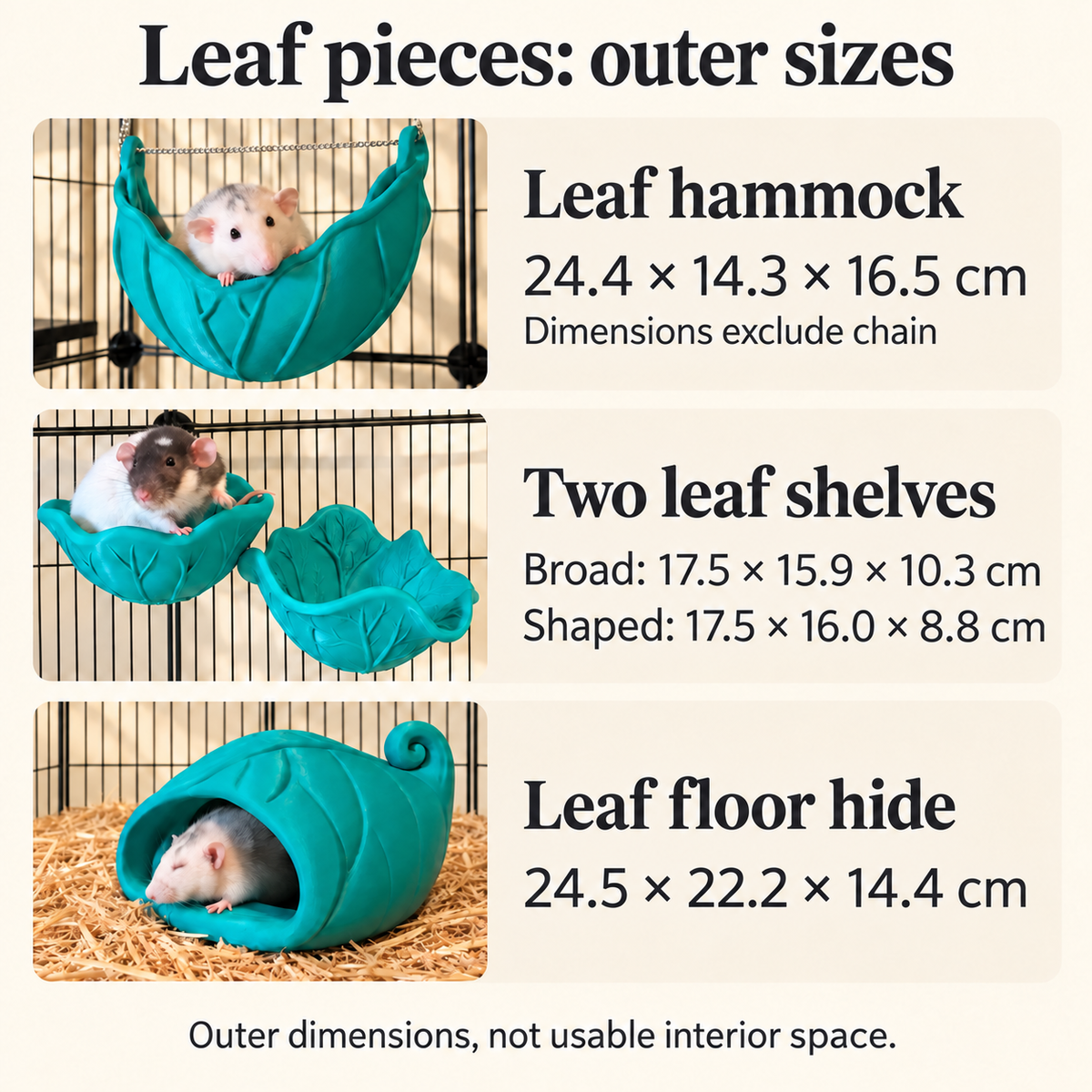 Outer size guide for the leaf hammock, both shelves and the floor hide; hammock measurements exclude chain.