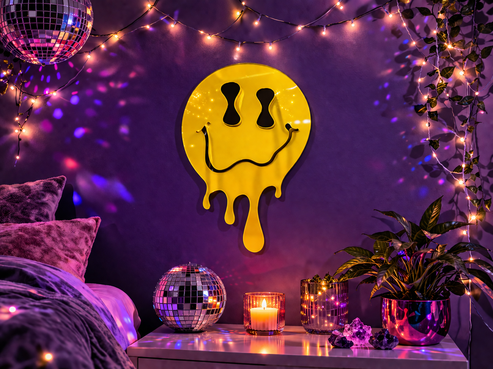 Yellow melting face mirror in purple bedroom with fairy lights and disco balls