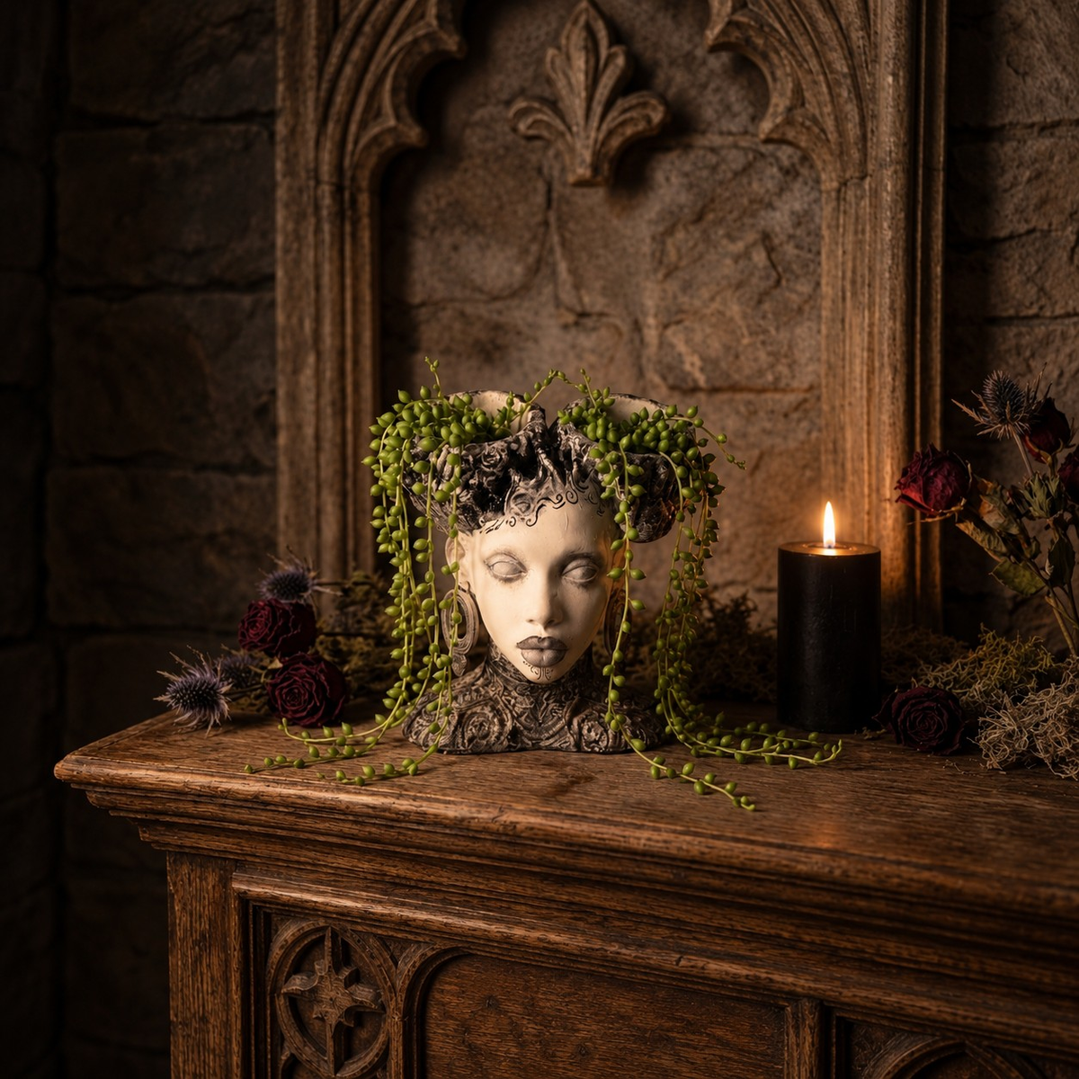 Gothic head planter with trailing plants on a dark mantel beside a candle