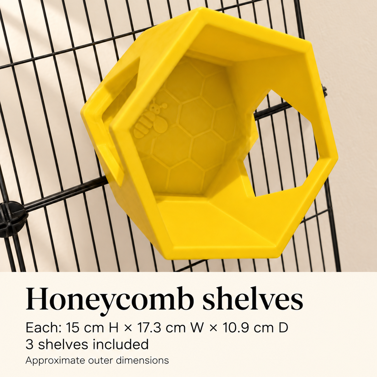 Honeycomb shelf size card: each shelf is approximately 15 cm high, 17.3 cm wide and 10.9 cm deep; three included.