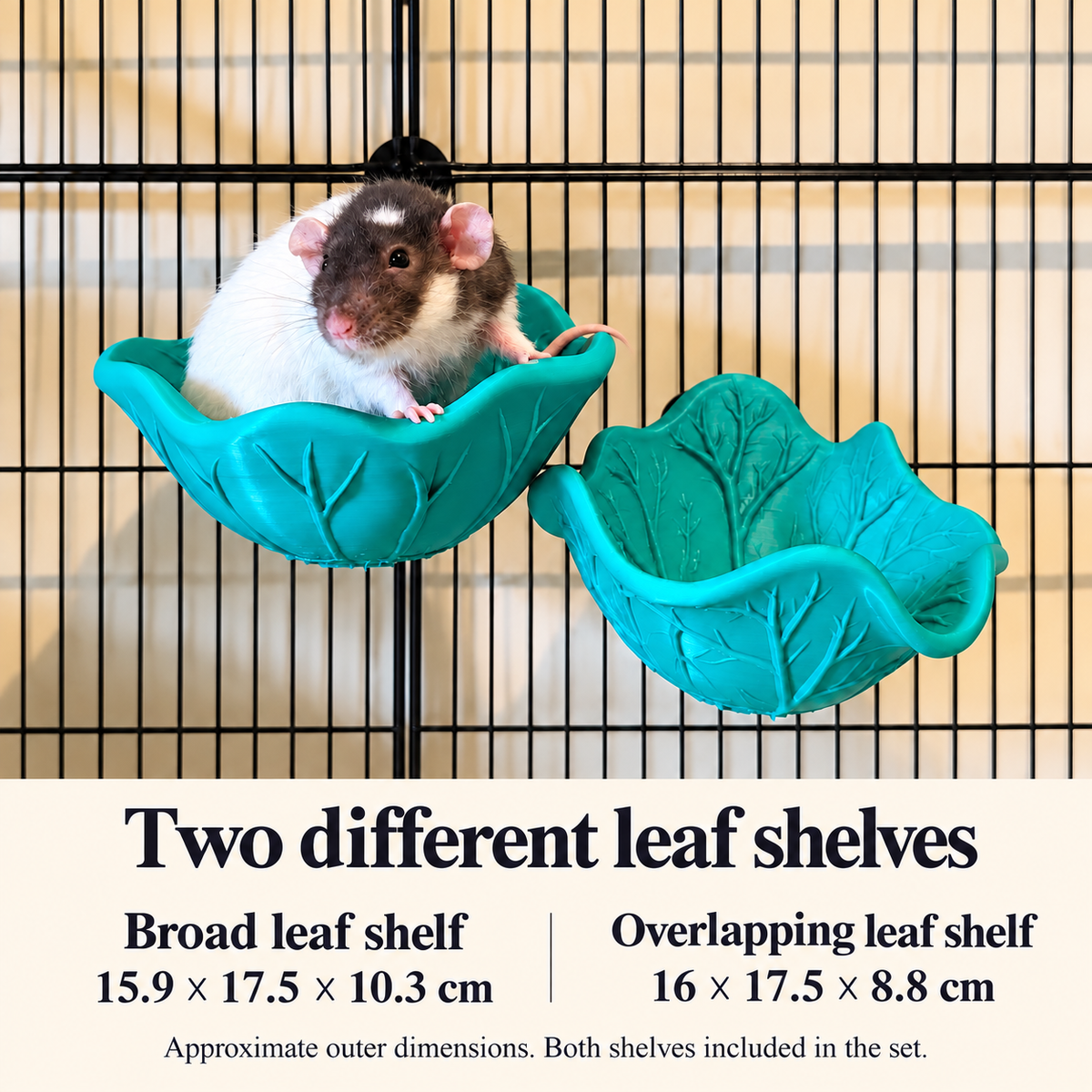 Broad shelf approximate outer size 15.9 by 17.5 by 10.3 centimetres; overlapping shelf 16 by 17.5 by 8.8 centimetres. Both included.