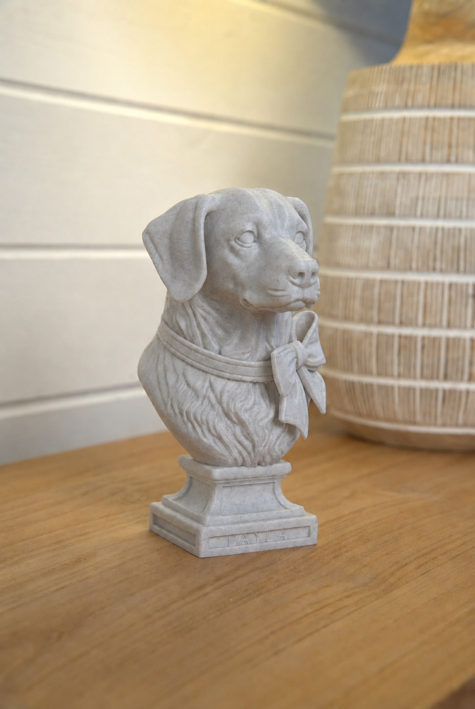 Warm Marble Grey custom dog bust close-up showing marble-effect texture