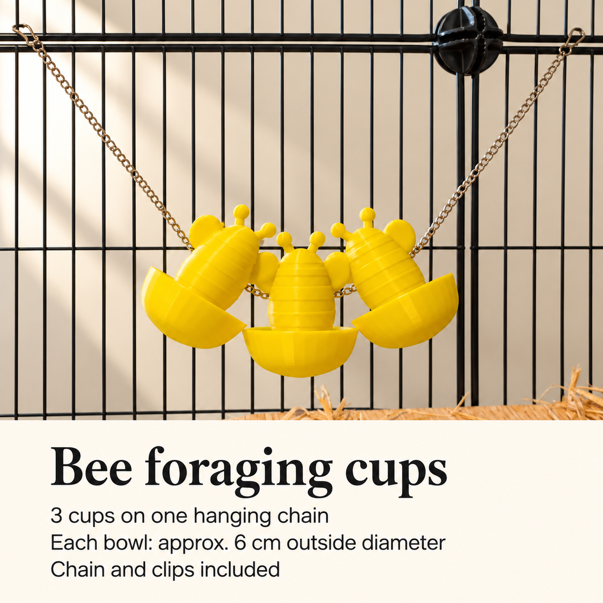 Bee cup size card showing three cups on one chain and an approximate 6 cm outside bowl diameter.