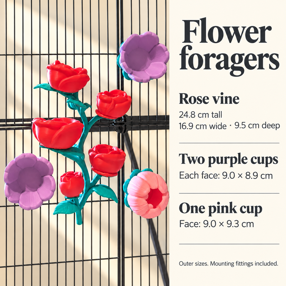 Rose vine outer dimensions and face dimensions for the two purple and one pink flower cups.