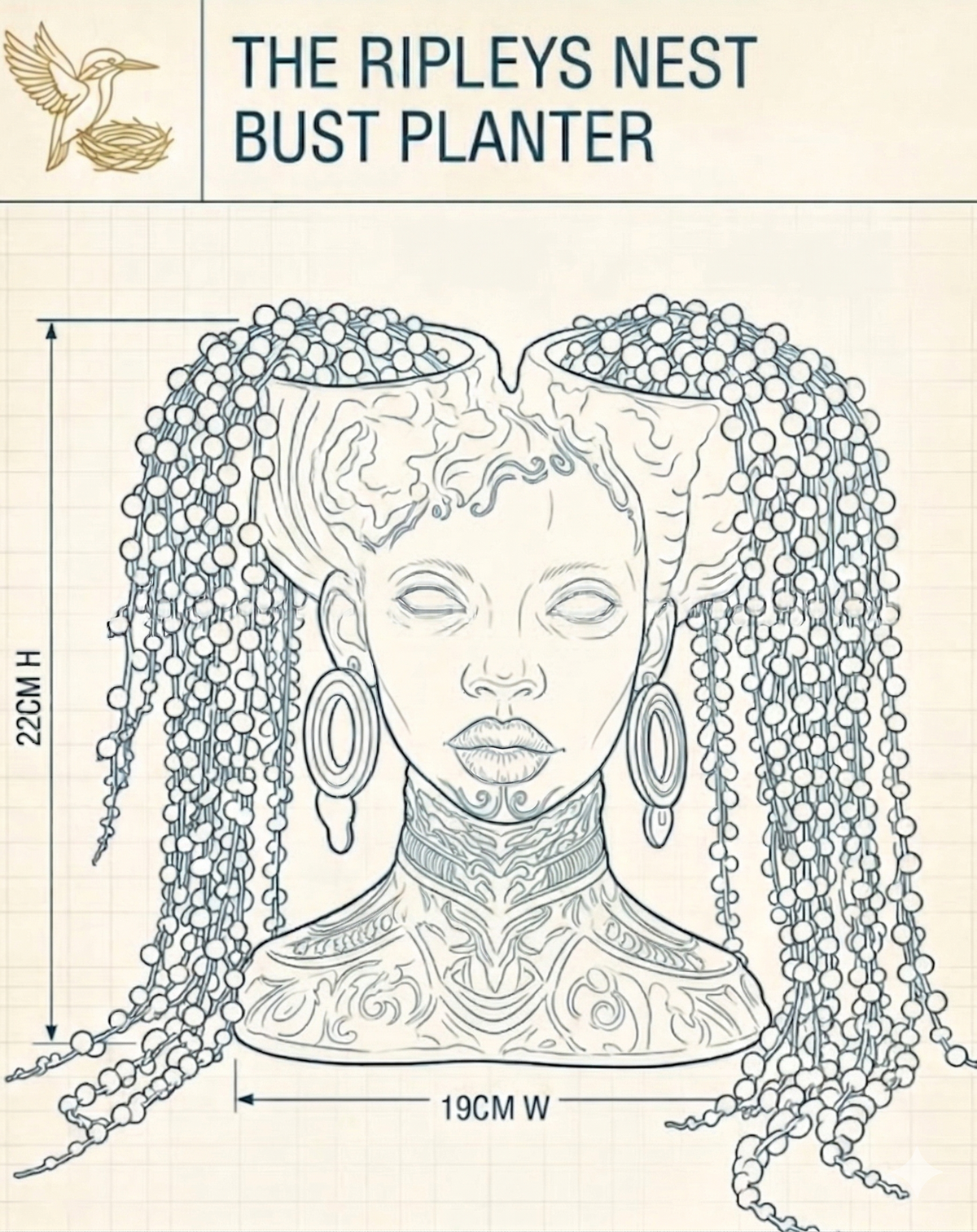 Necronomia head planter drawing showing 22 cm height and 19 cm width