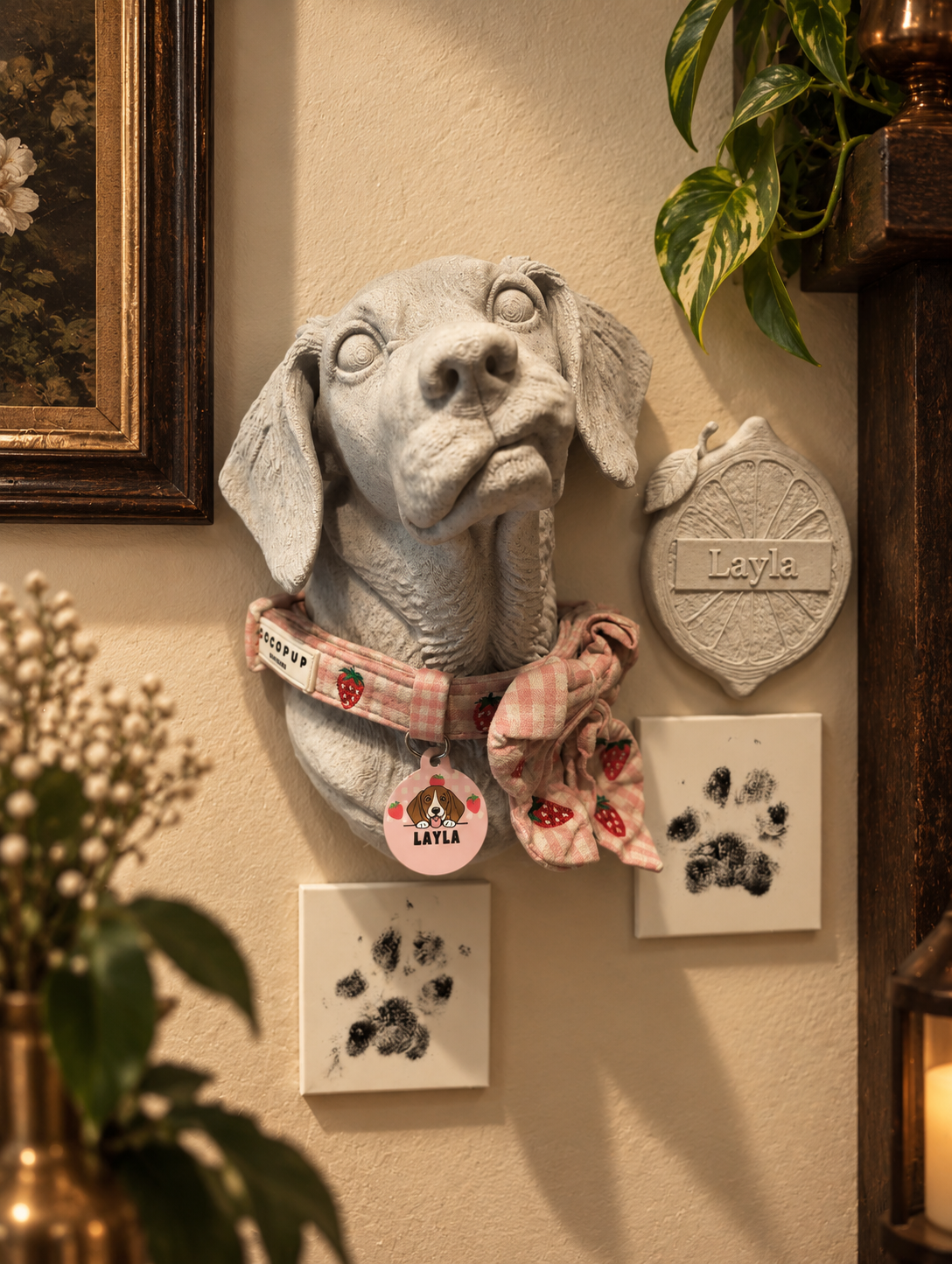 Pet portrait styled on a warm wall beside framed art and plants. One custom bust only; collar, tag, plaque, paw pieces, frames and other display props are not included.