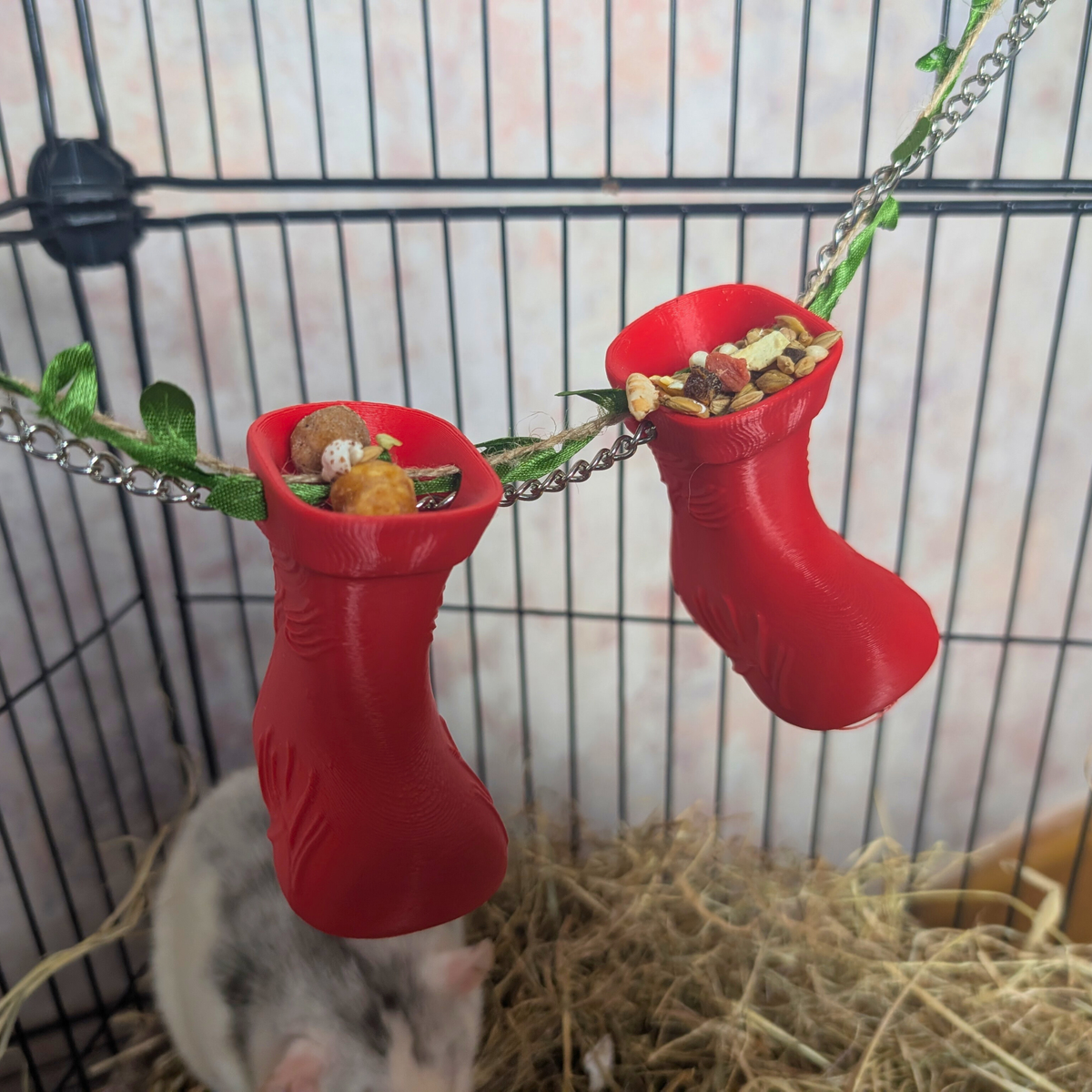 Two red stocking rat forage cups filled with treats