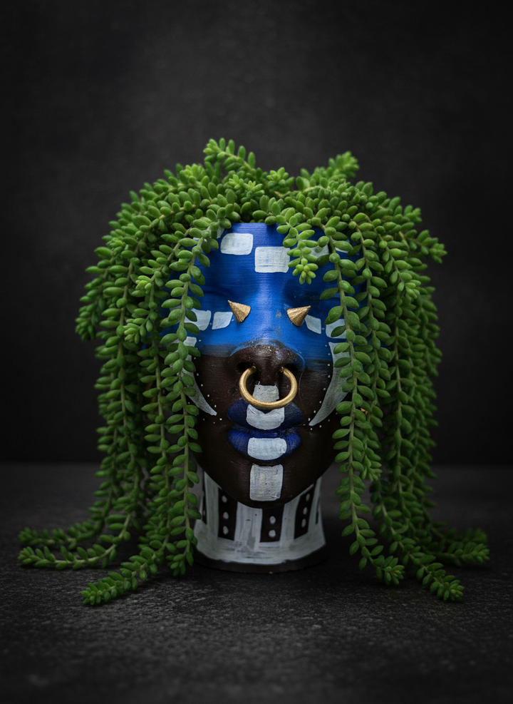 Ashanti Warrior Head Planter - Blue with burros tail face visible