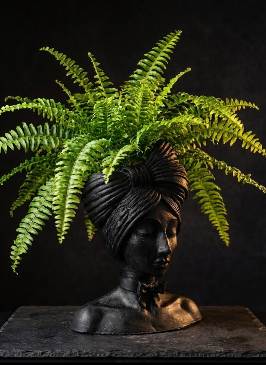 Cast stone woman planter with fern