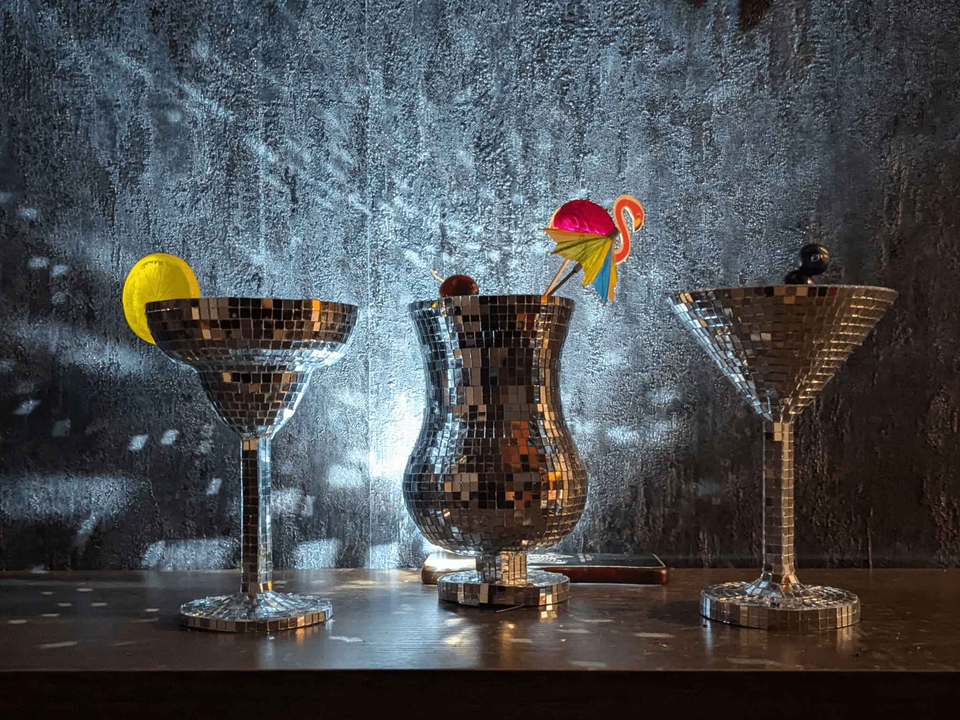 Disco Ball Cocktail Glassware Set — detail shot — mirror tile texture