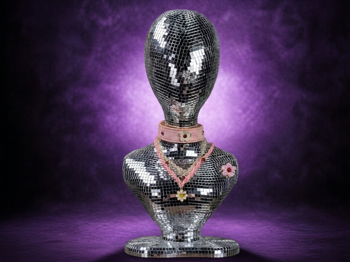mirror ball mannequin bust with pink jewellery on purple studio backdrop