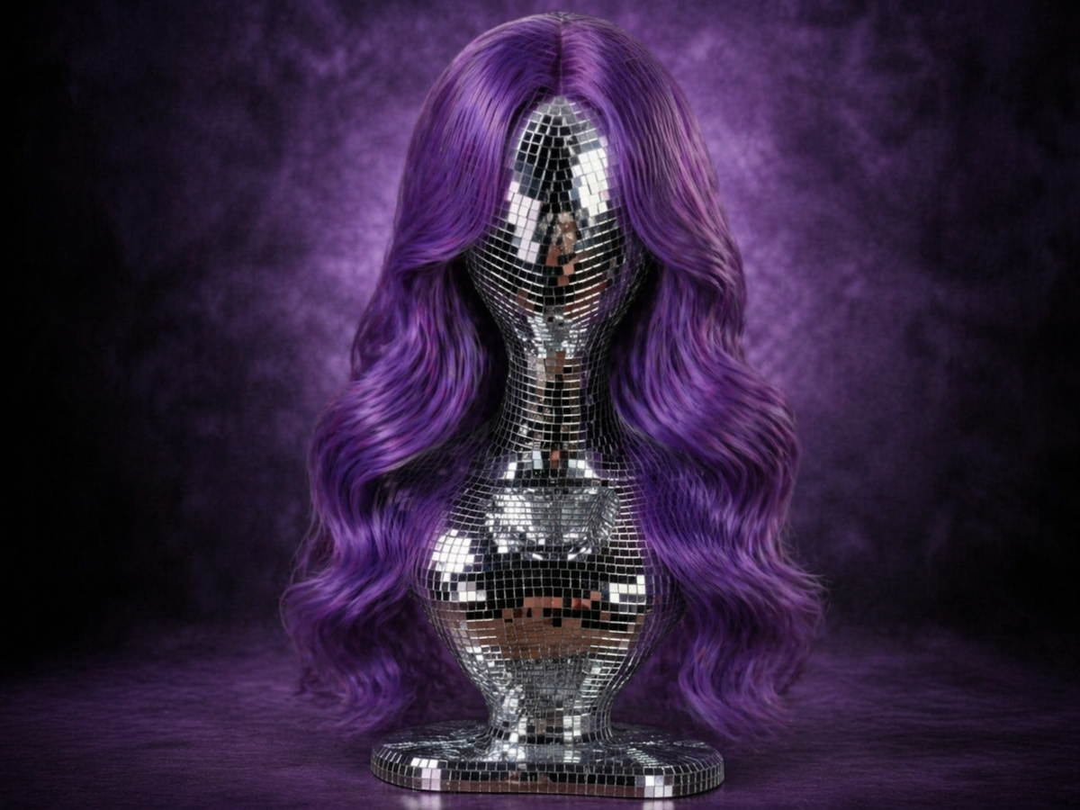 mirror ball mannequin bust with long purple wig