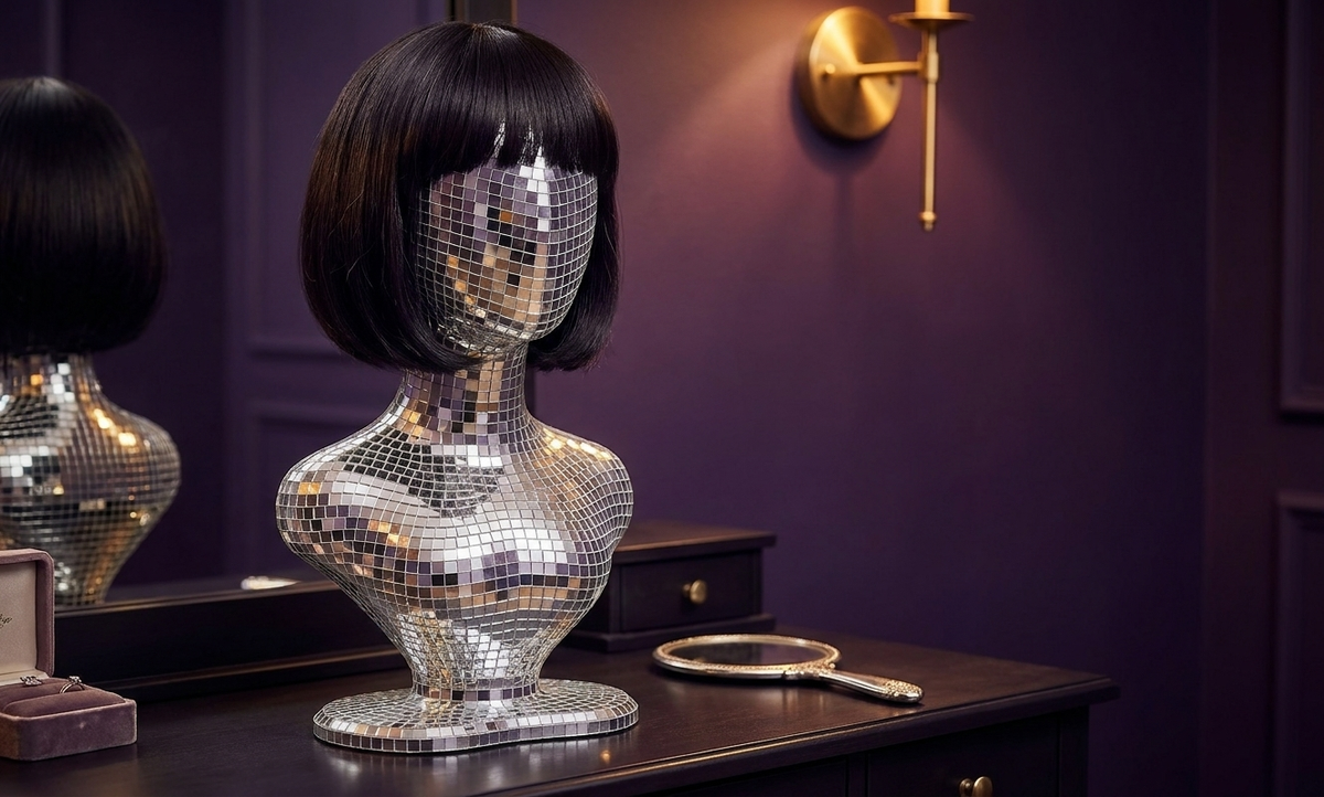 mirror ball mannequin bust with short black bob wig on vanity