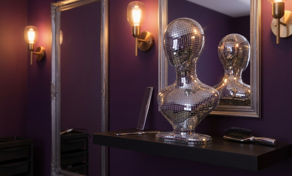 mirror ball mannequin bust in salon-style setting
