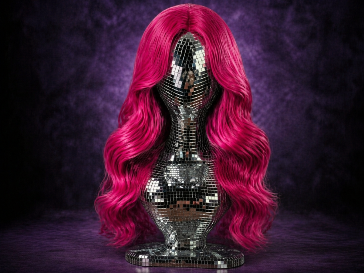 mirror ball mannequin bust with bright pink wig