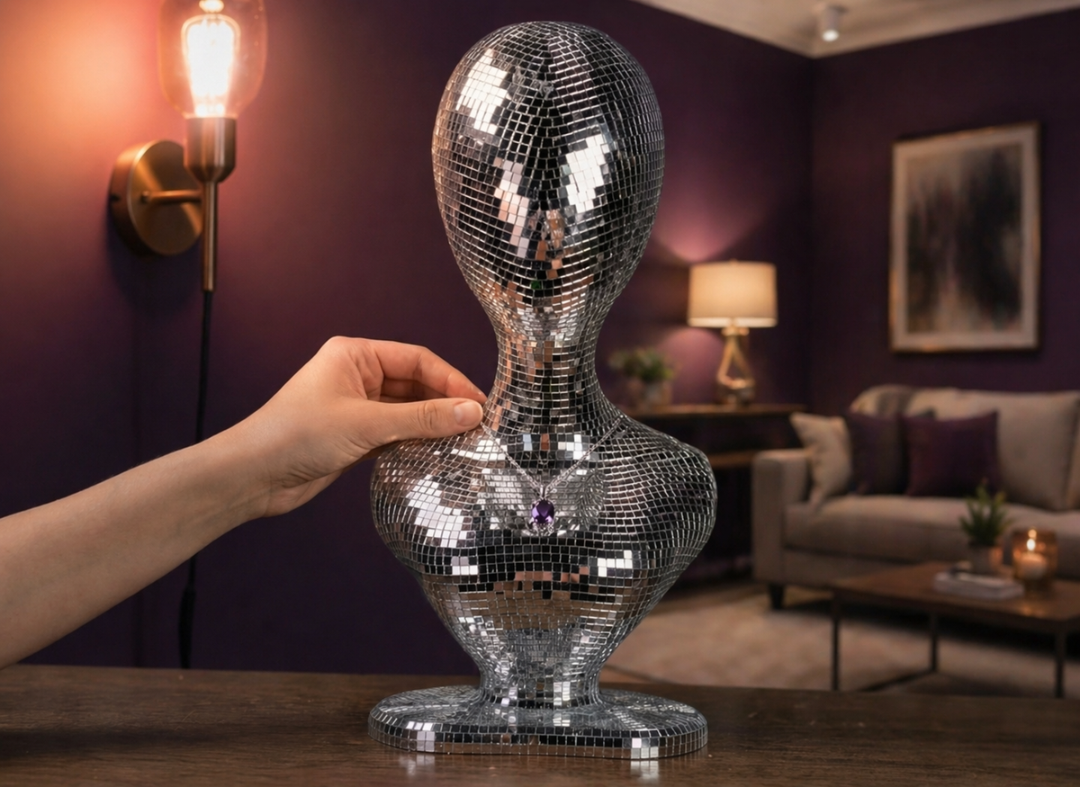 mirror ball mannequin bust shown with hand for scale