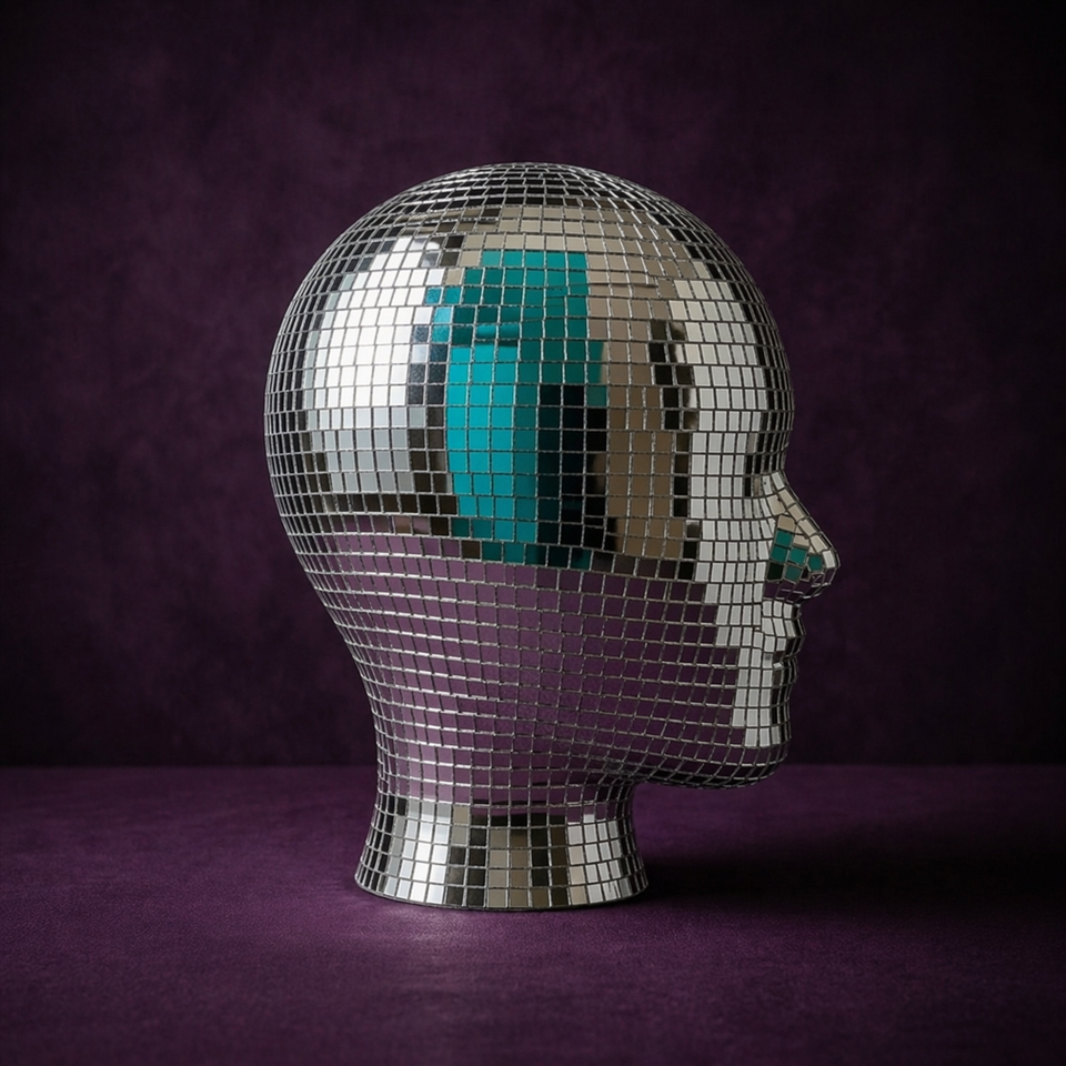 Disco Ball Mannequin Head side profile on a moody purple studio backdrop
