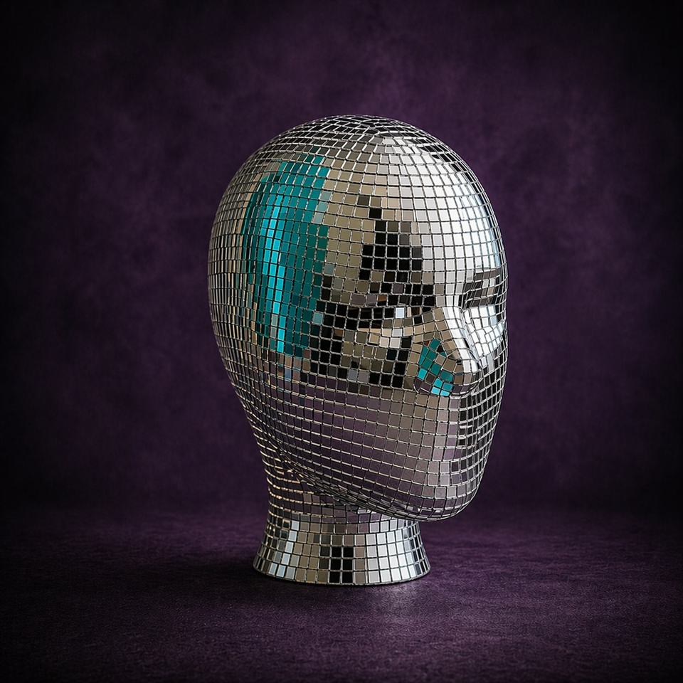 Disco Ball Mannequin Head three-quarter studio view on a purple backdrop