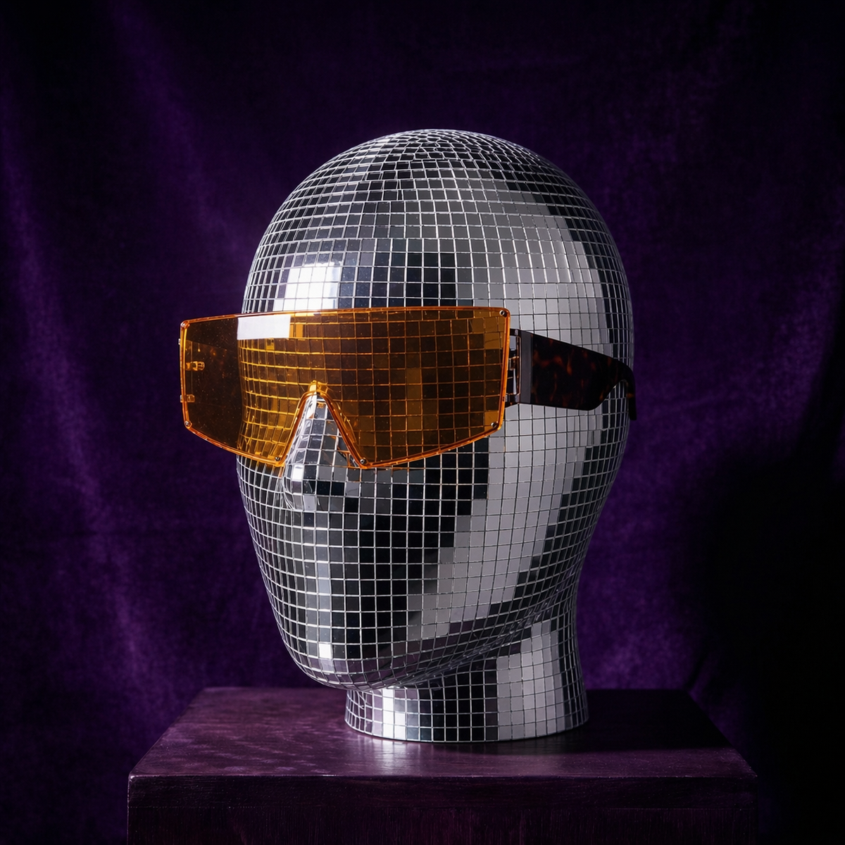 Disco Ball Mannequin Head wearing amber visor sunglasses