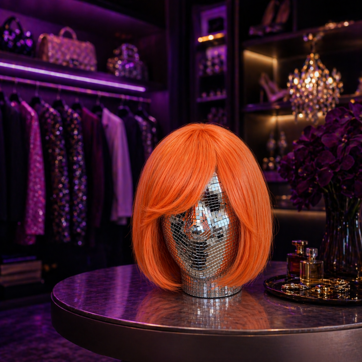 Disco Ball Mannequin Head in a purple dressing-room lifestyle scene with orange wig