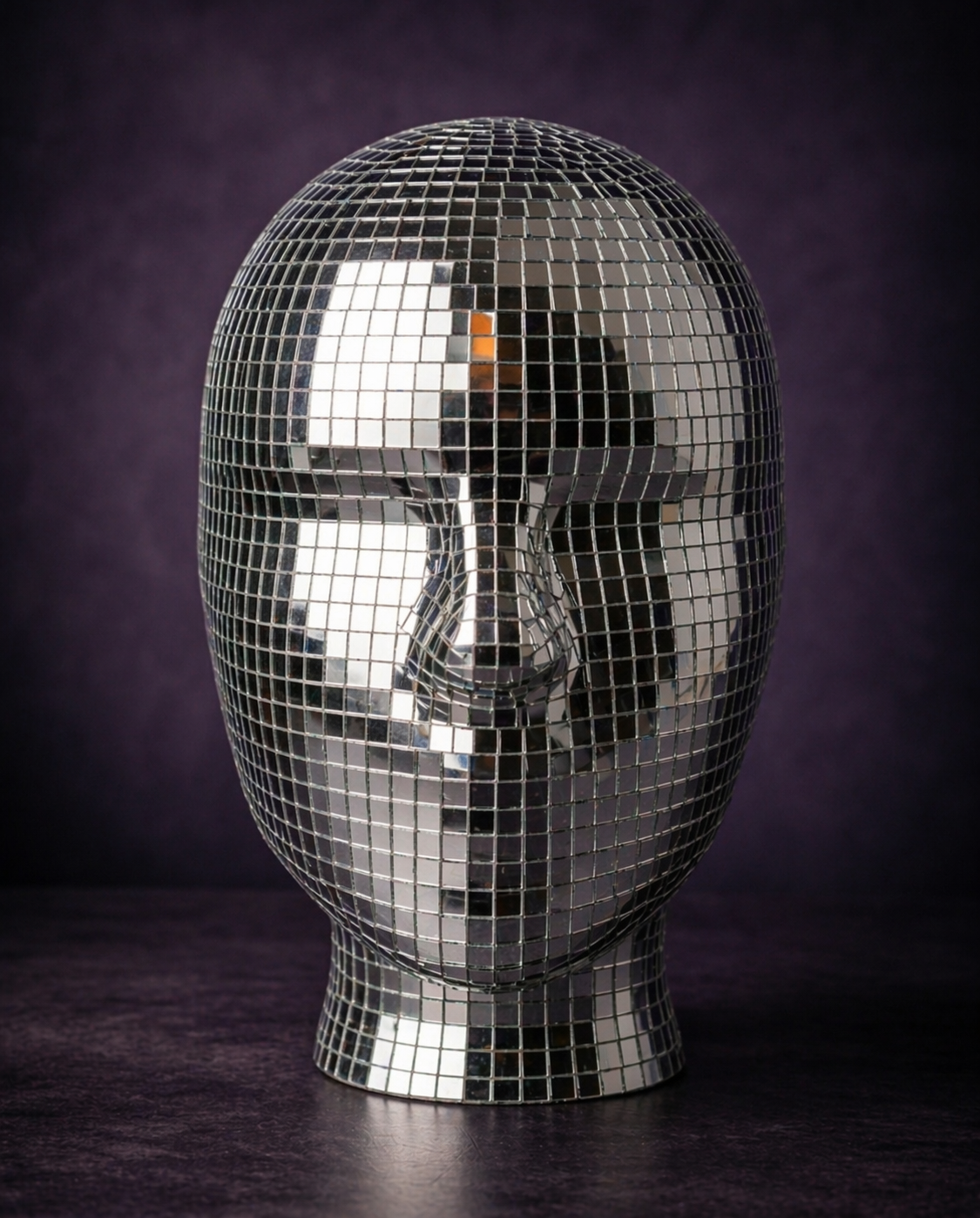 Disco Ball Mannequin Head front view on a moody purple studio backdrop