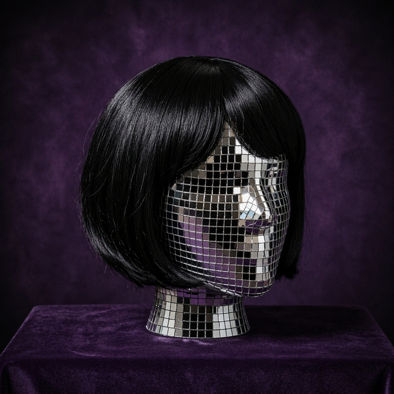 Disco Ball Mannequin Head with sleek black bob wig on a moody purple backdrop